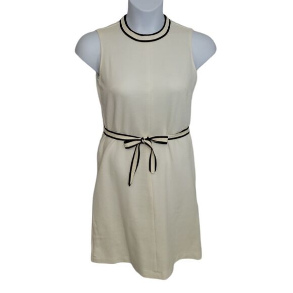 VINTAGE 60s cream sleeveless knit‎ shift dress with tie belt M - Picture 1 of 14